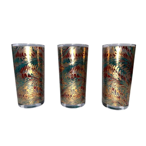 Vtg MCM Culver 12 Oz Marble Teal Double Highball Tumbler Glass 22K Gold Set 3 - Picture 1 of 8
